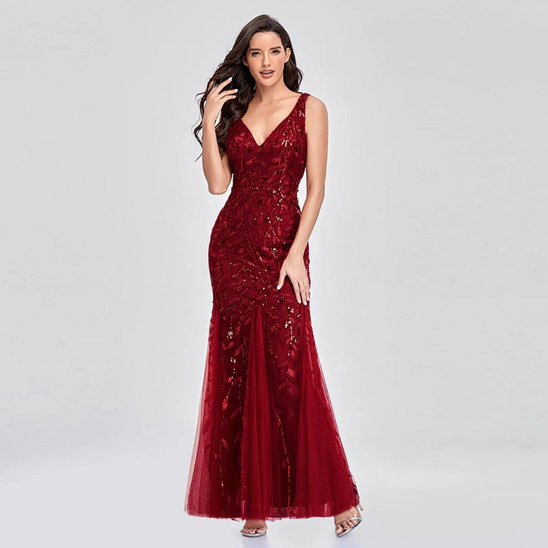 Sequin Embroidered V-Neck Sleeveless Tulle Mermaid Gown - View 2