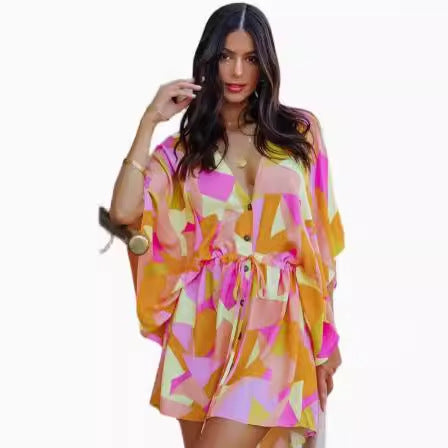 Abstract Geometric Print Deep V-Neck Batwing Sleeve Mini Dress