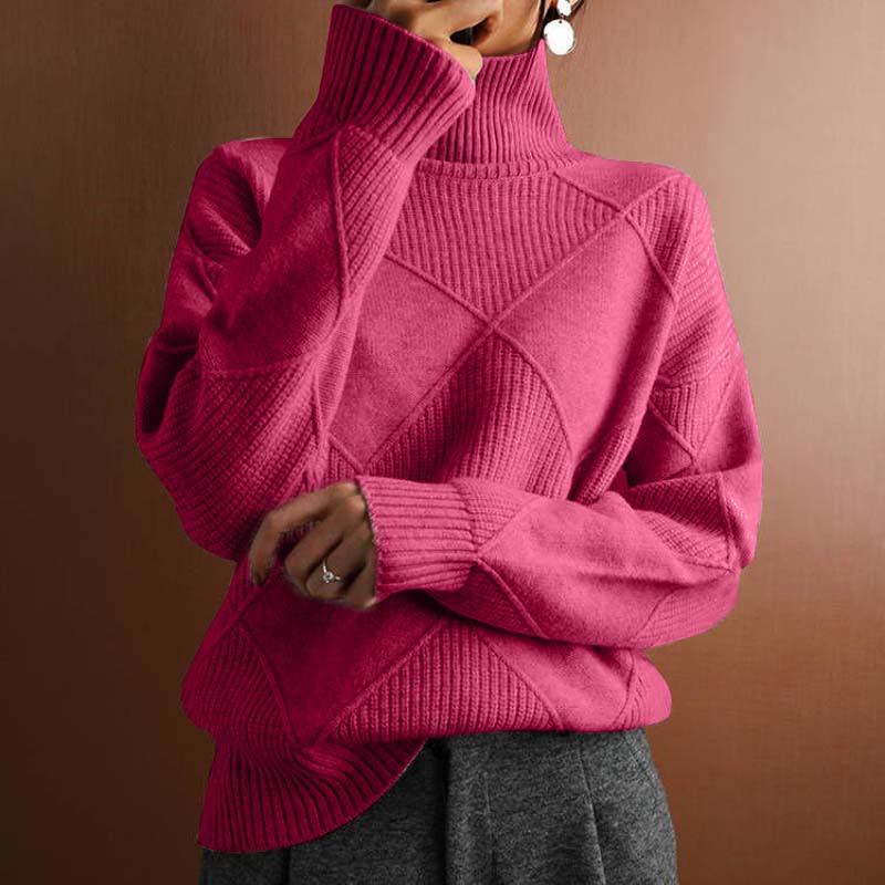 Turtleneck Long Sleeve Diamond Textured Knit Sweater 12