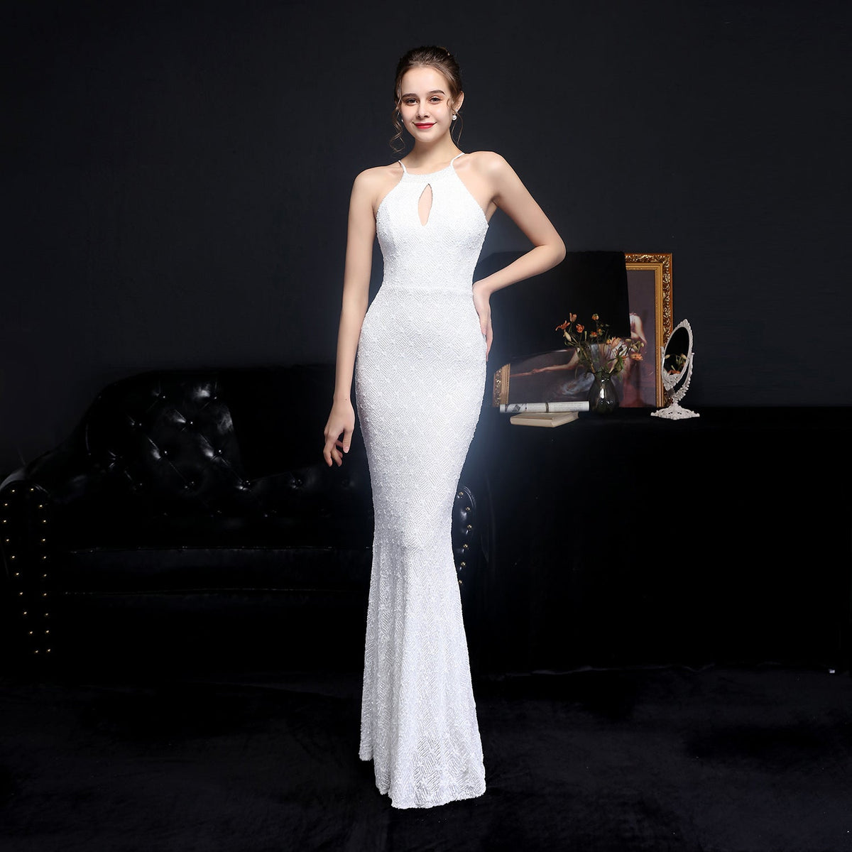 Halter Neck Keyhole Beaded Sequin Mermaid Gown - View 7