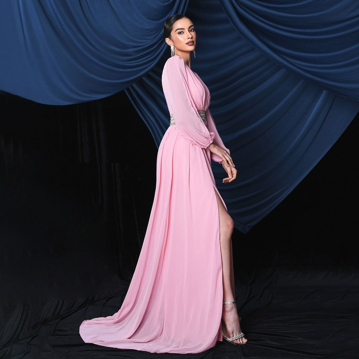Chiffon Deep V-Neck Long Sleeve High Split Flowy Maxi Dress