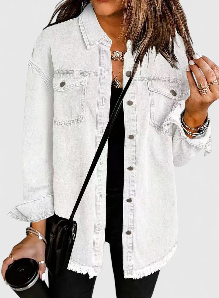 Button Front Frayed Hem Denim Shirt Jacket 7
