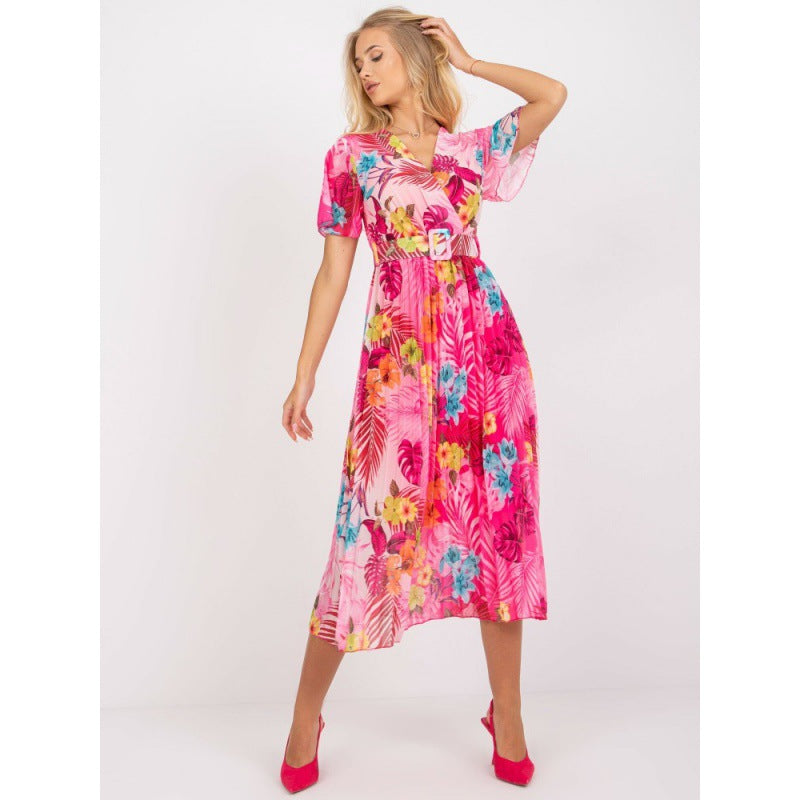 V-Neck Short Sleeve Floral Pleated Belted Midi Dress - View 4