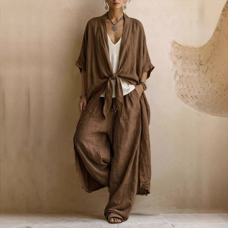 Linen Tie Front Kimono and Wide Leg Pants Two Piece Set