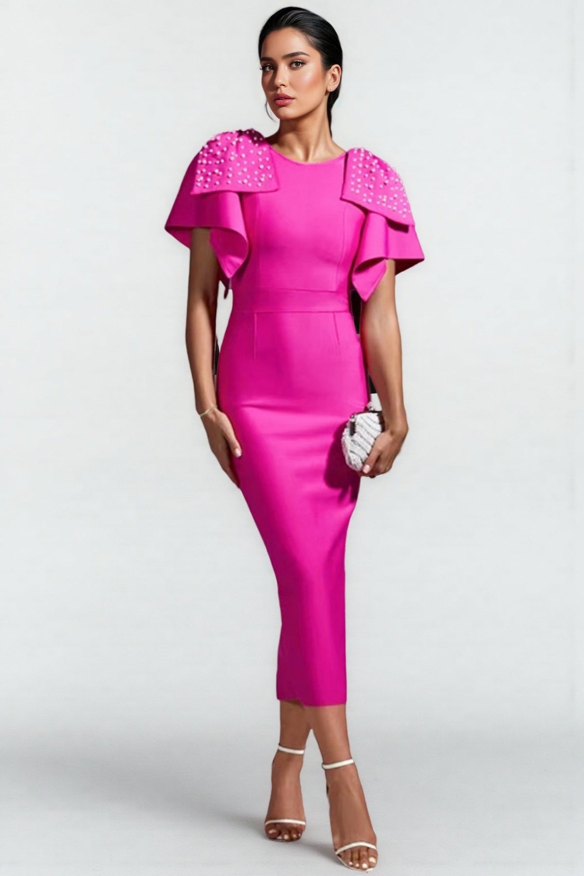 Pearl Embellished Ruffle Cape Sleeve Bodycon Midi Dress - View 2