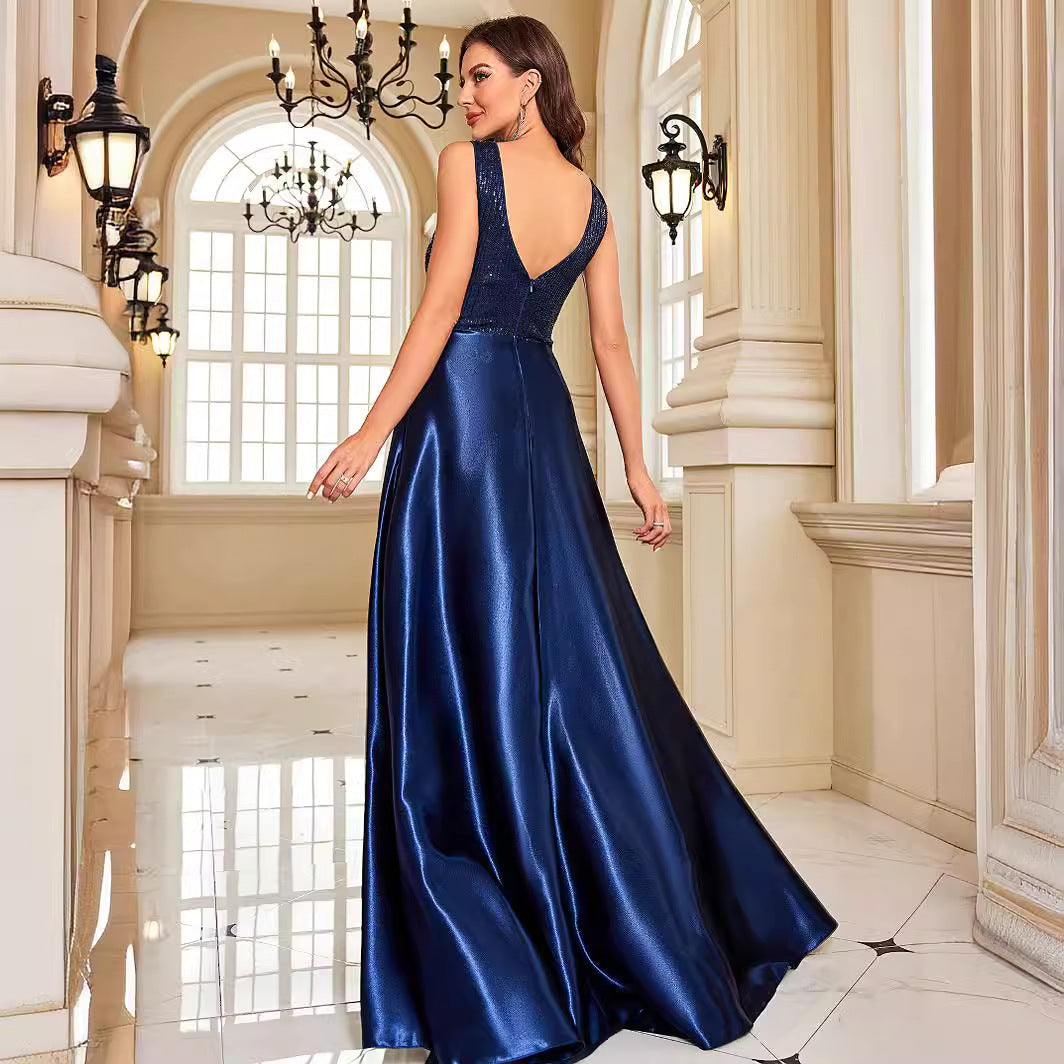 Sequin V-Neck Satin A-Line Maxi Dress - View 2