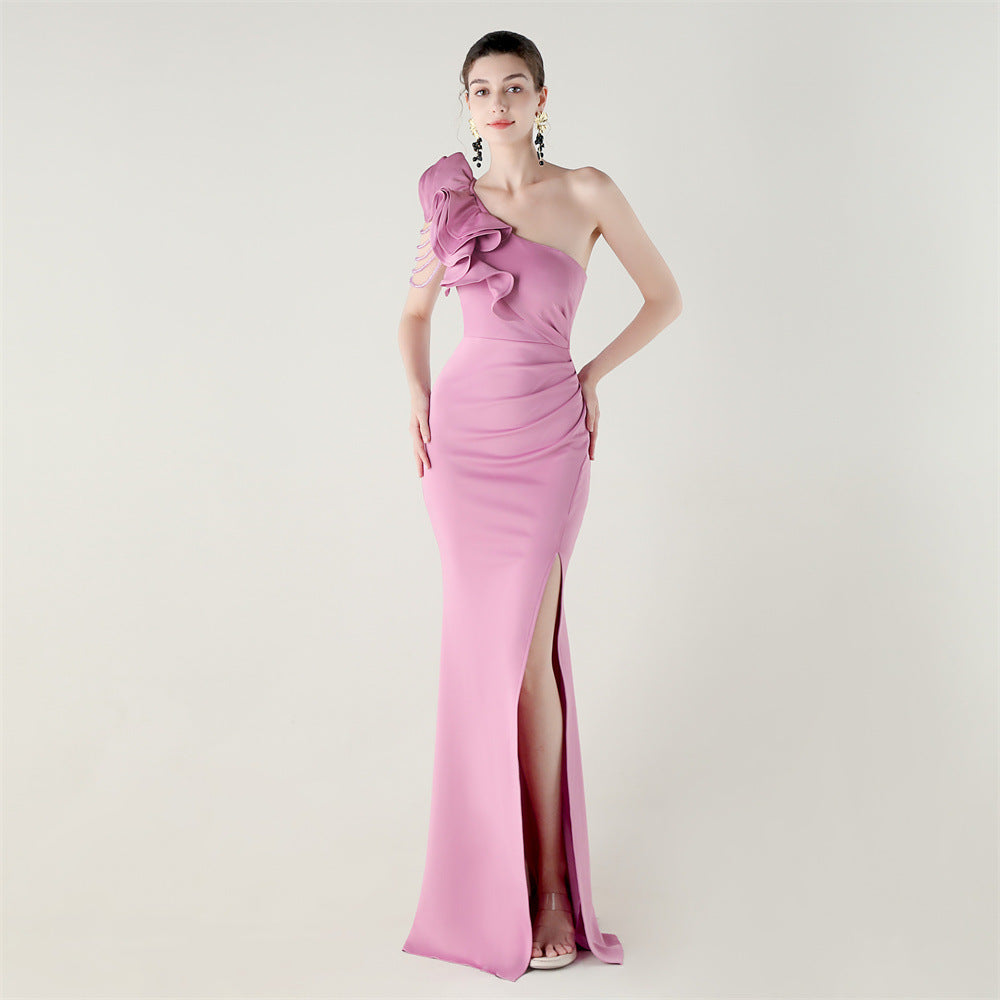 Satin One Shoulder Ruffle Ruched High Split Mermaid Gown in White