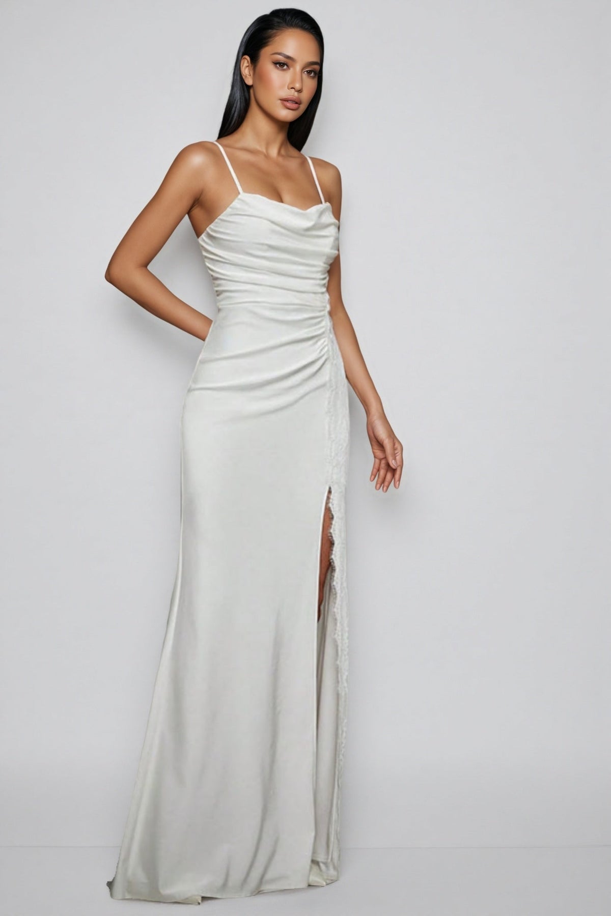 Xila White Split Satin Maxi Dress