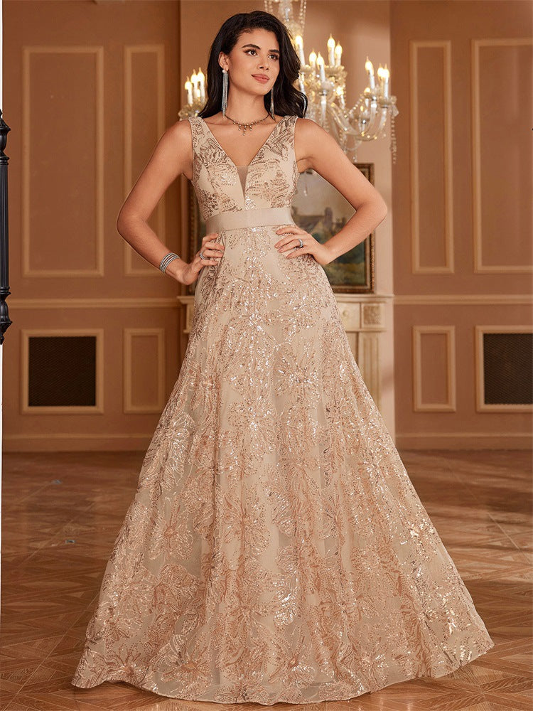 Sequin Deep V-Neck Sleeveless A-Line Maxi Prom Gown - View 6