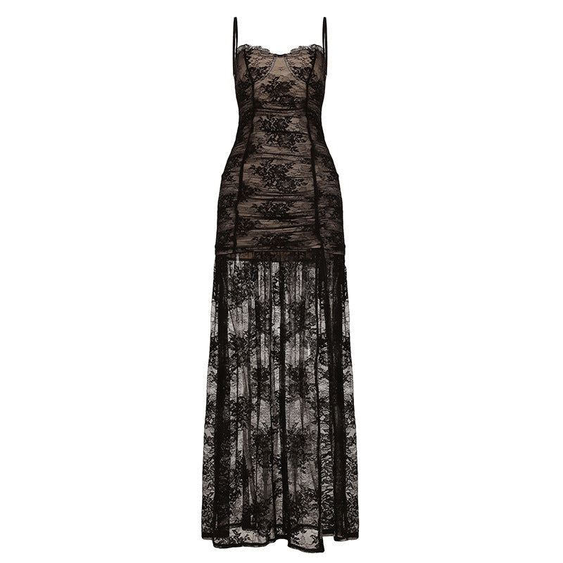 Lace Spaghetti Strap Ruched High Split Slip Maxi Dress - View 2