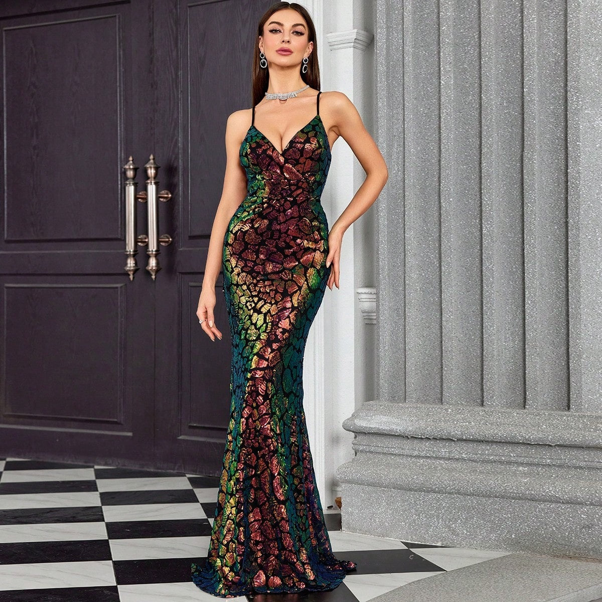 Sequin Spaghetti Strap Deep V-Neck Mermaid Maxi Gown - View 5