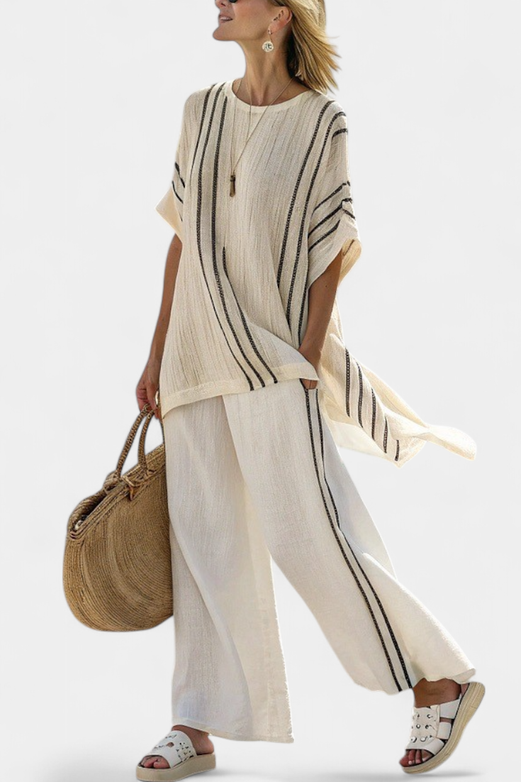 Striped Short Sleeve Top and Wide Leg Pants Two Piece Set 2