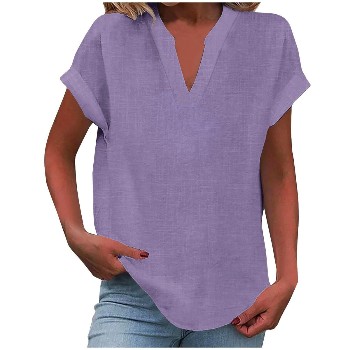 Split V-Neck Short Sleeve Linen Blouse