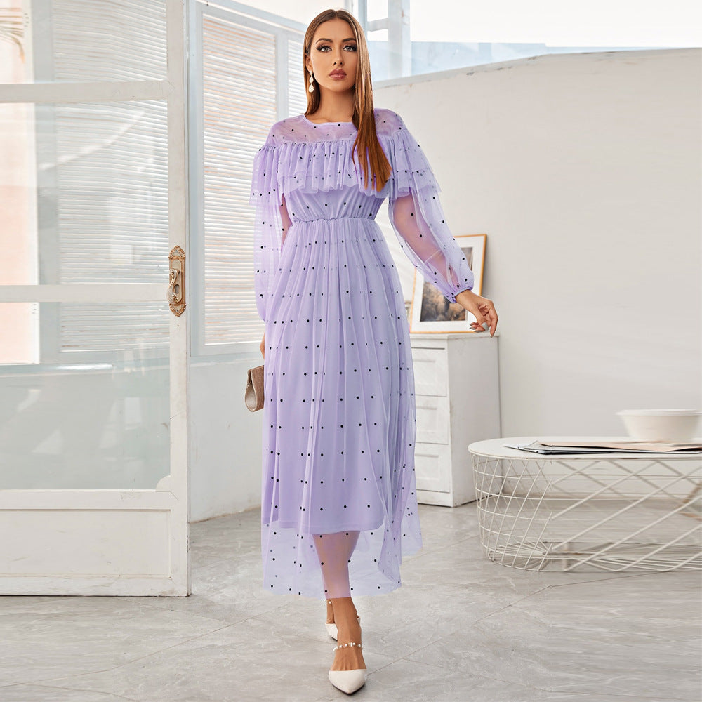 Polka Dot Mesh High Neck Puff Sleeve Tiered Ruffle Pleated Midi Dress - View 2