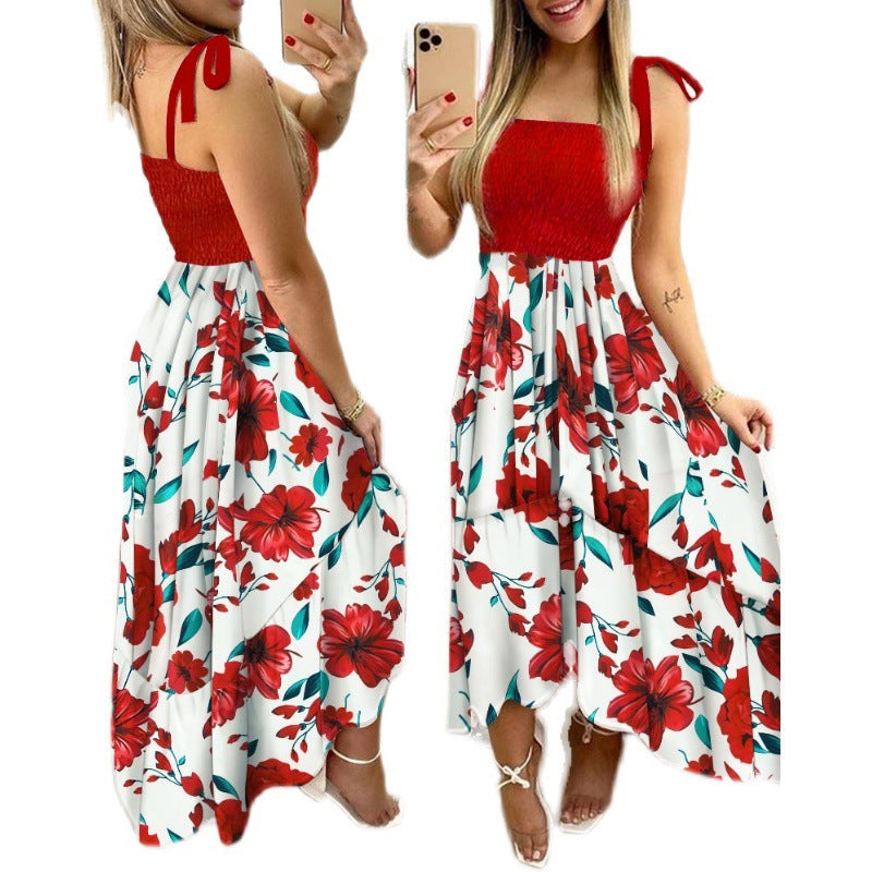 Floral Print Shirred Tie Strap Ruffle Hem Midi Dress - View 5