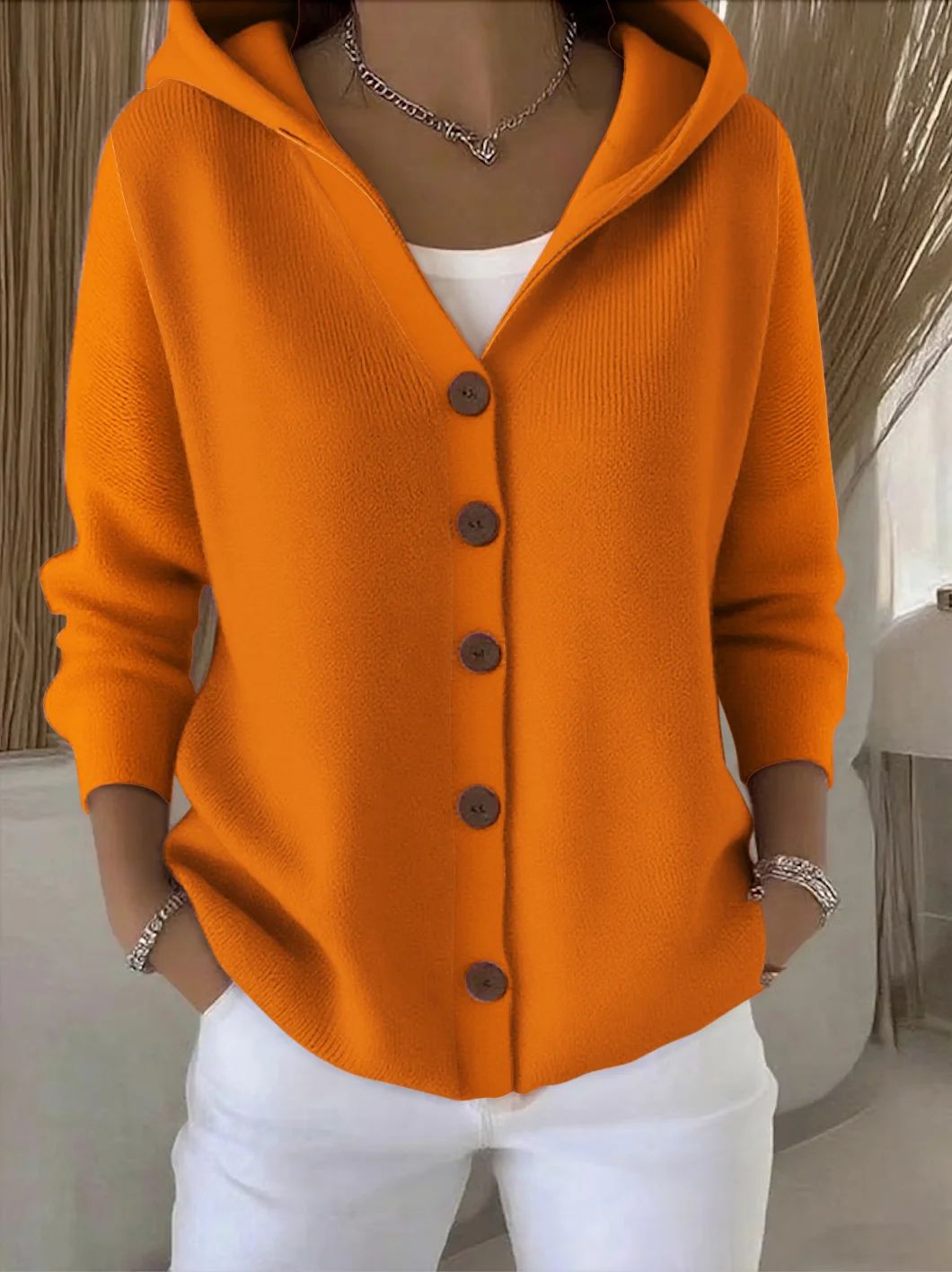Hooded Button Front Long Sleeve Knit Cardigan 6