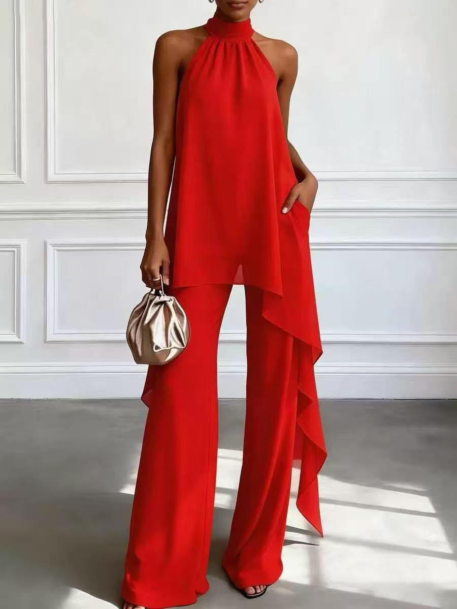 Halter Neck Chiffon Overlay Top and Wide Leg Pants Two Piece Set 7