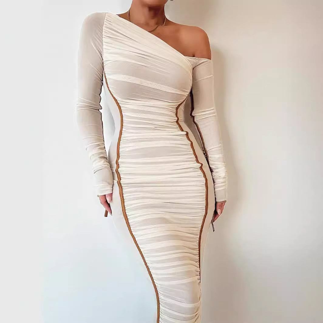 One Shoulder Long Sleeve Ruched Bodycon Maxi Dress