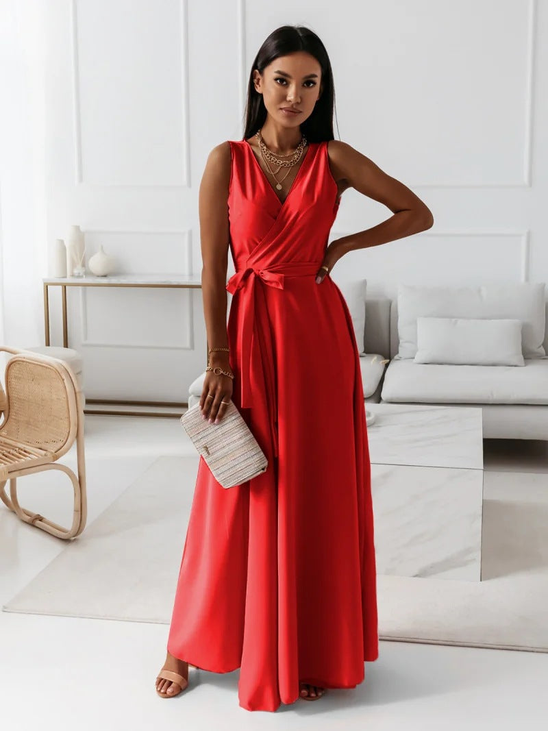 Sleeveless V-Neck Wrap Tie Waist Bow Sash Flowy Maxi Gown - View 4