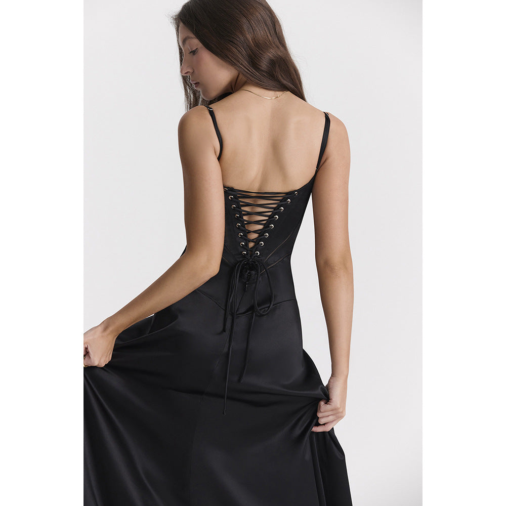 Square Neck Lace Up Back Satin Slip Maxi Dress - View 7