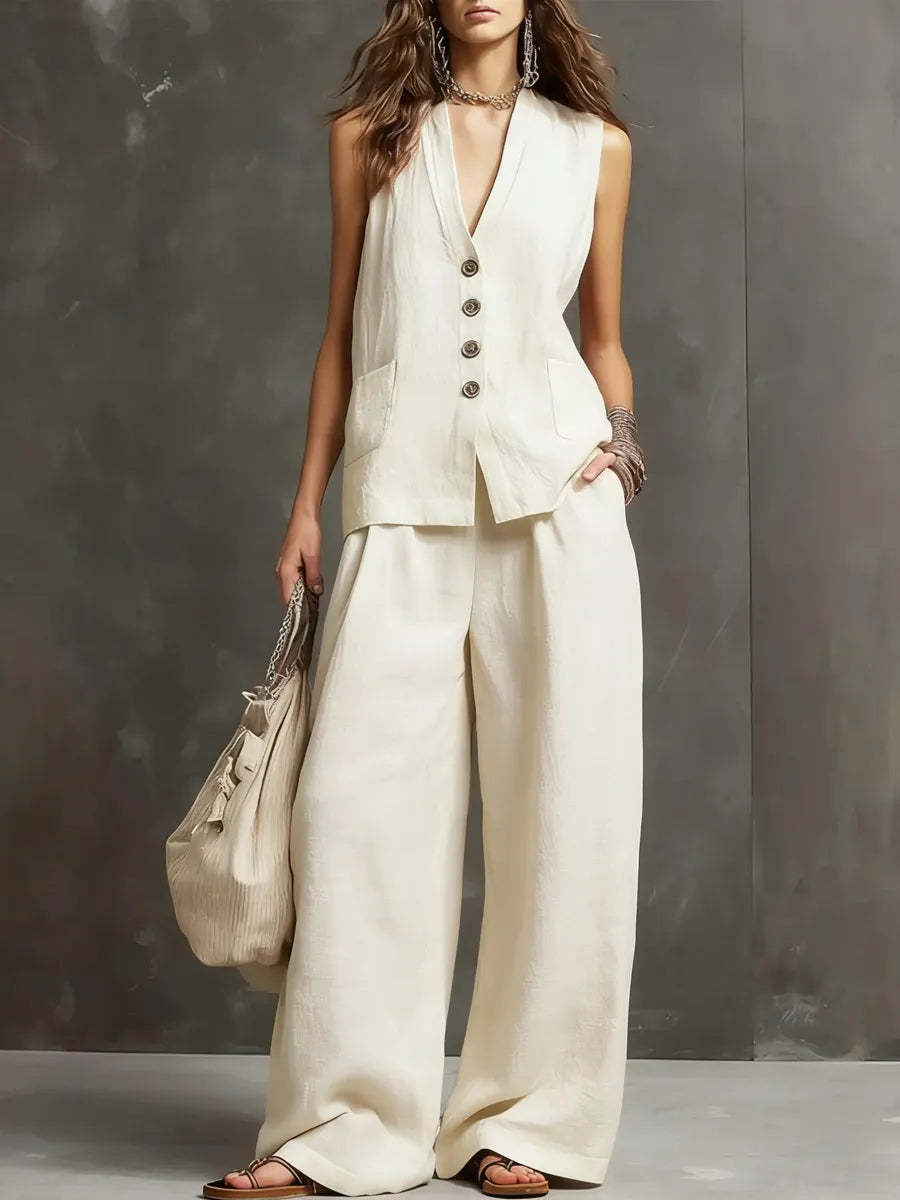 V-Neck Sleeveless Button Vest and Wide Leg Pants Two Piece Set 3