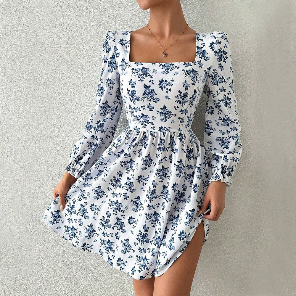 French Square Collar Elegant Dress High Waist Backless Lace up Floral - View 4