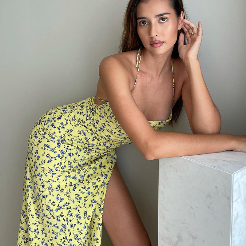 Halter Neck Floral High Split Backless Slip Maxi Dress