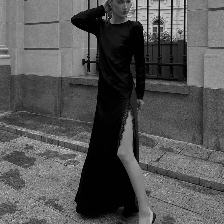 Long Sleeve Crew Neck Lace Trim High Split Maxi Gown - View 2