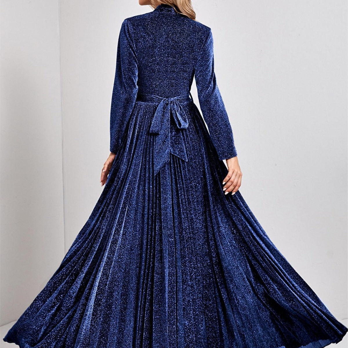 Glitter V-Neck Long Sleeve Pleated Maxi Gown - View 3