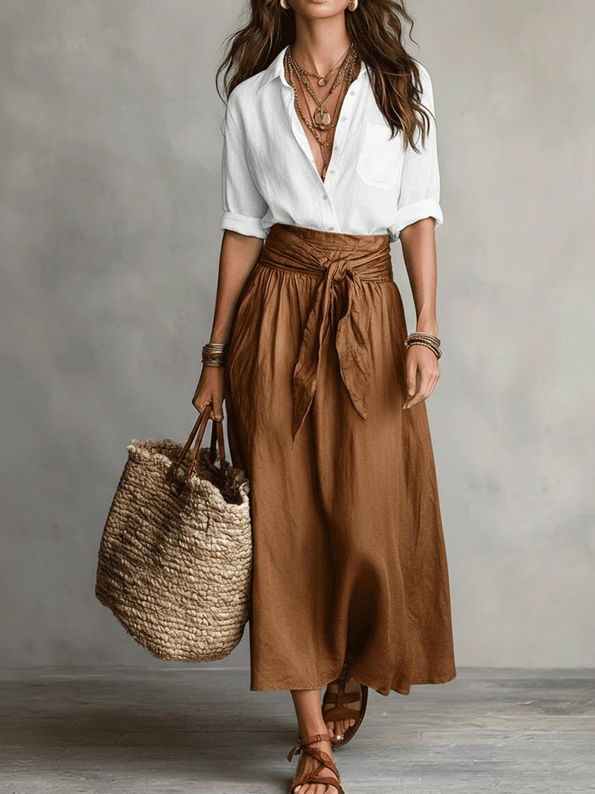 Button Front Shirt and Tie Waist Maxi Skirt Two Piece Set 7