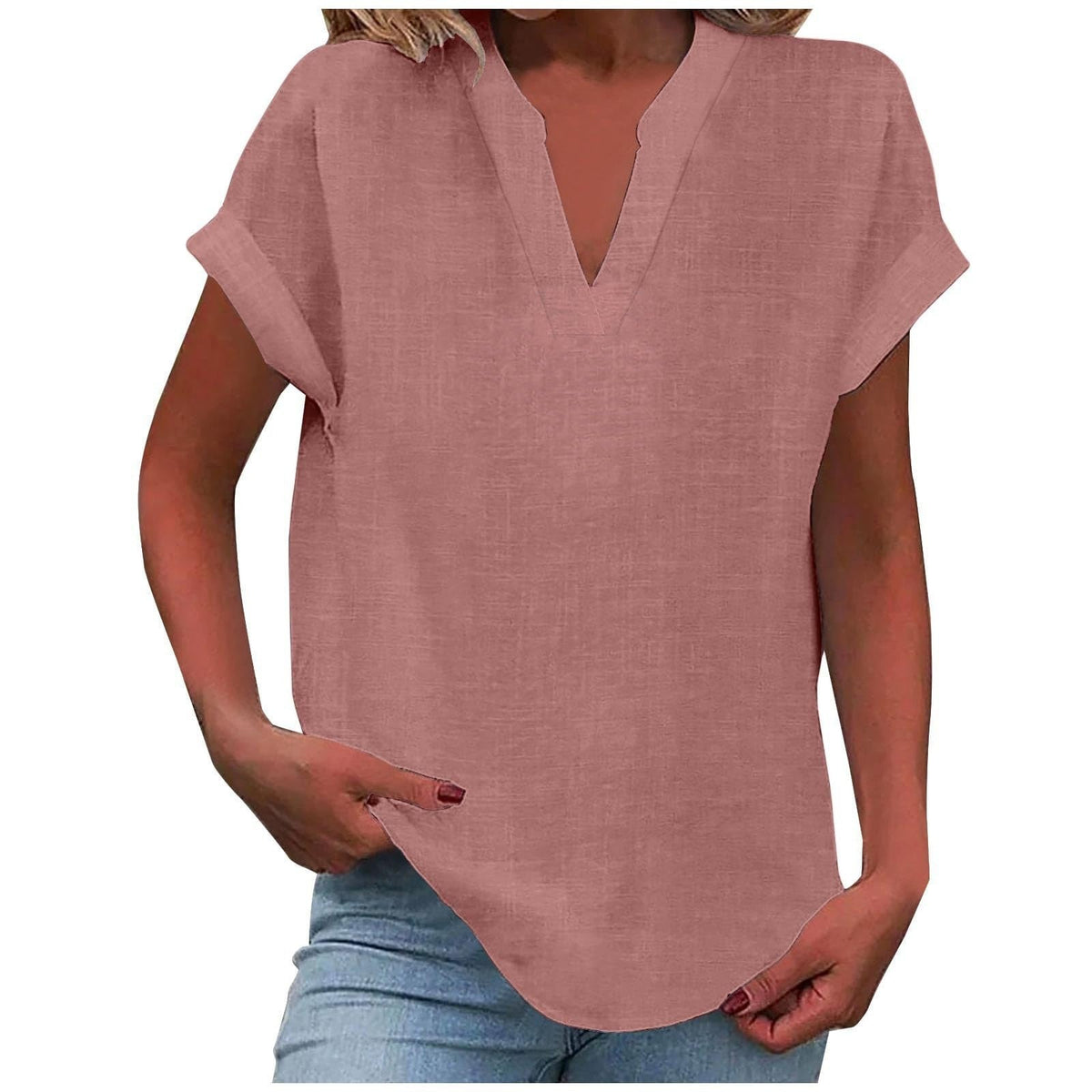 Split V-Neck Short Sleeve Linen Blouse 2