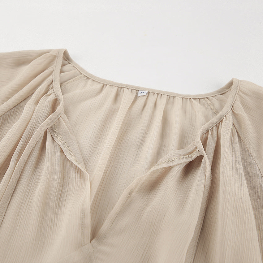 Sheer Tiered V-Neck Tie Neck Long Flared Ruffle Sleeve Maxi Dress - View 9