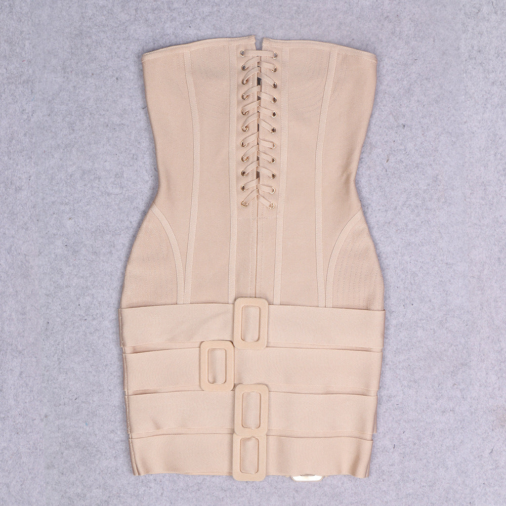 Strapless Corset Lace Up Triple Buckle Strap Bodycon Mini Dress - View 2