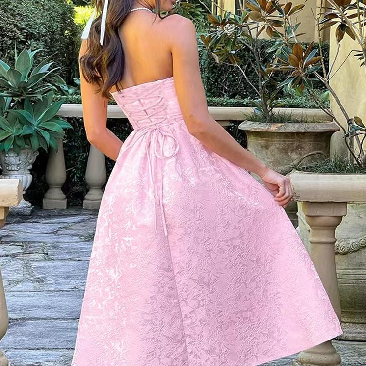 Jacquard Strapless Ruched Waist Fit and Flare Midi Dress - View 10