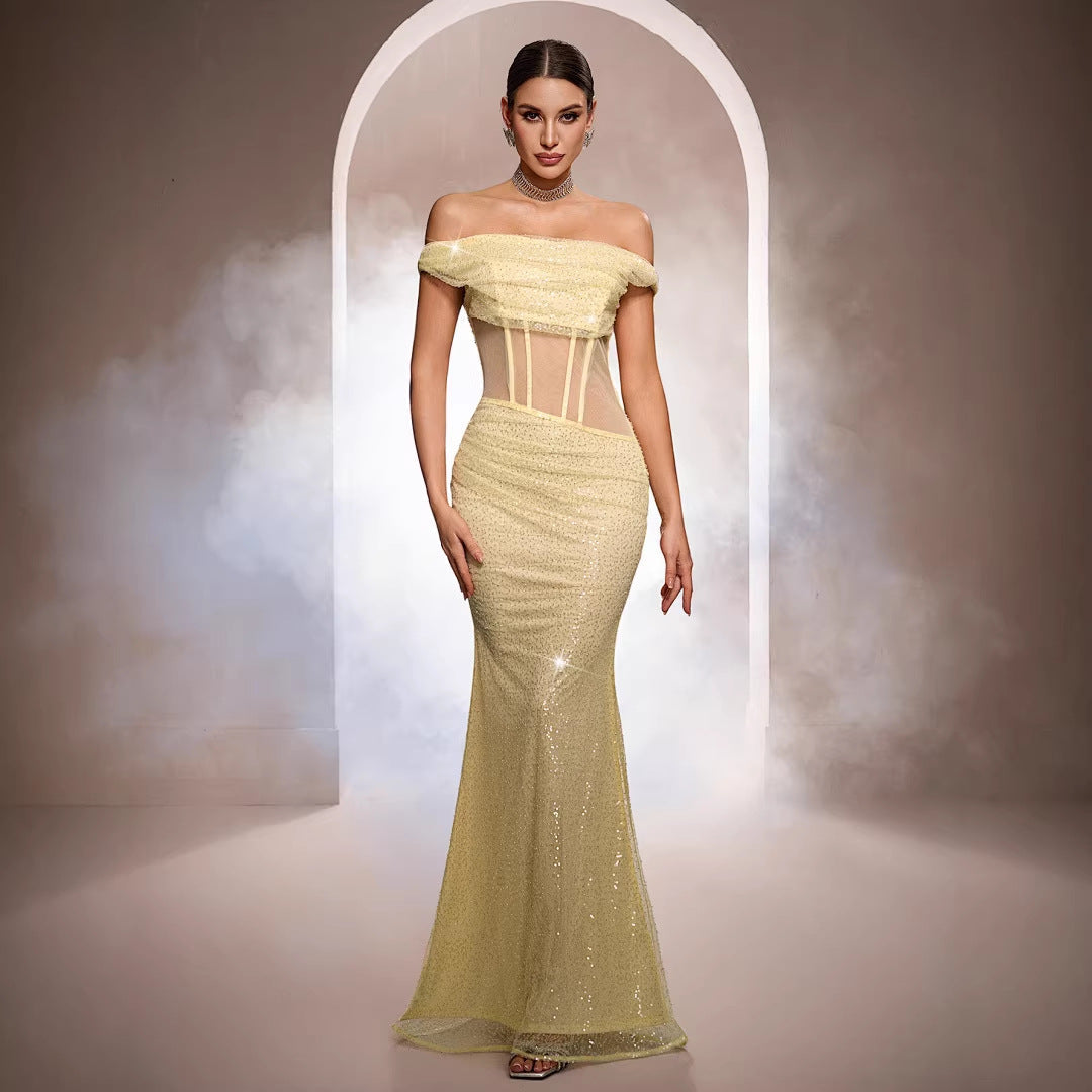 Sequin Off Shoulder Sheer Corset Mermaid Gown