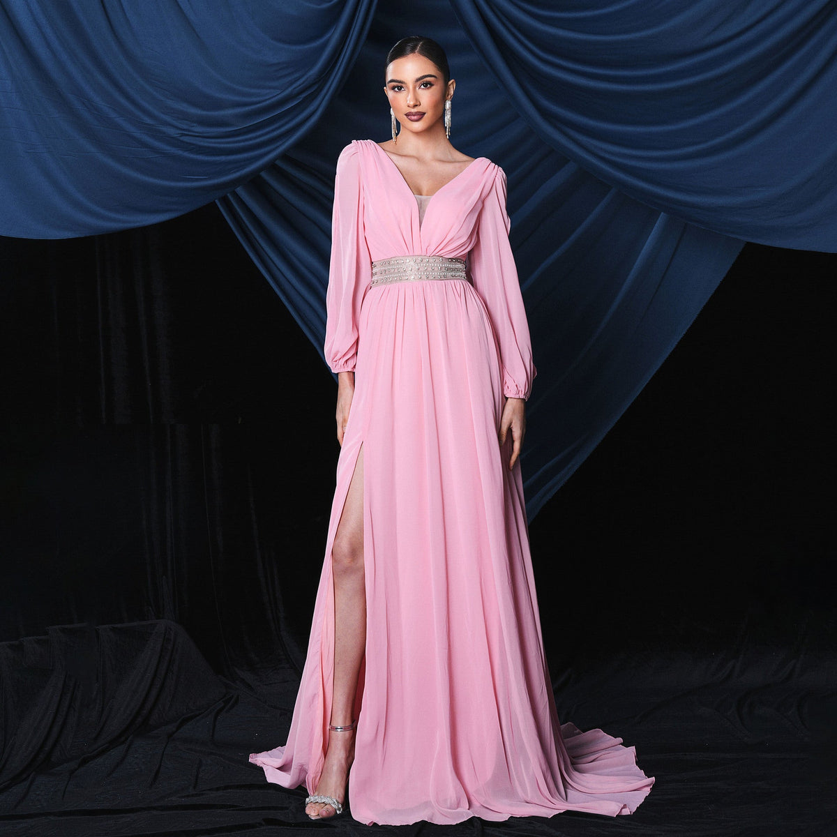 Chiffon Deep V-Neck Long Sleeve High Split Flowy Maxi Dress - View 3