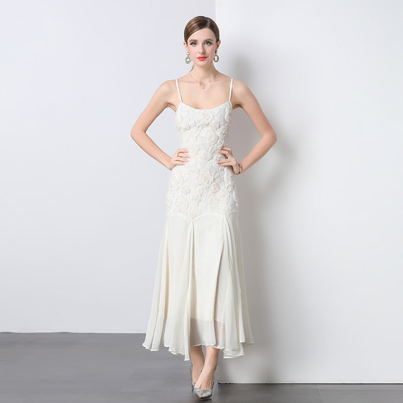 3D Floral Rosette Appliqué Spaghetti Strap Drop Waist Flowy Maxi Gown - View 2