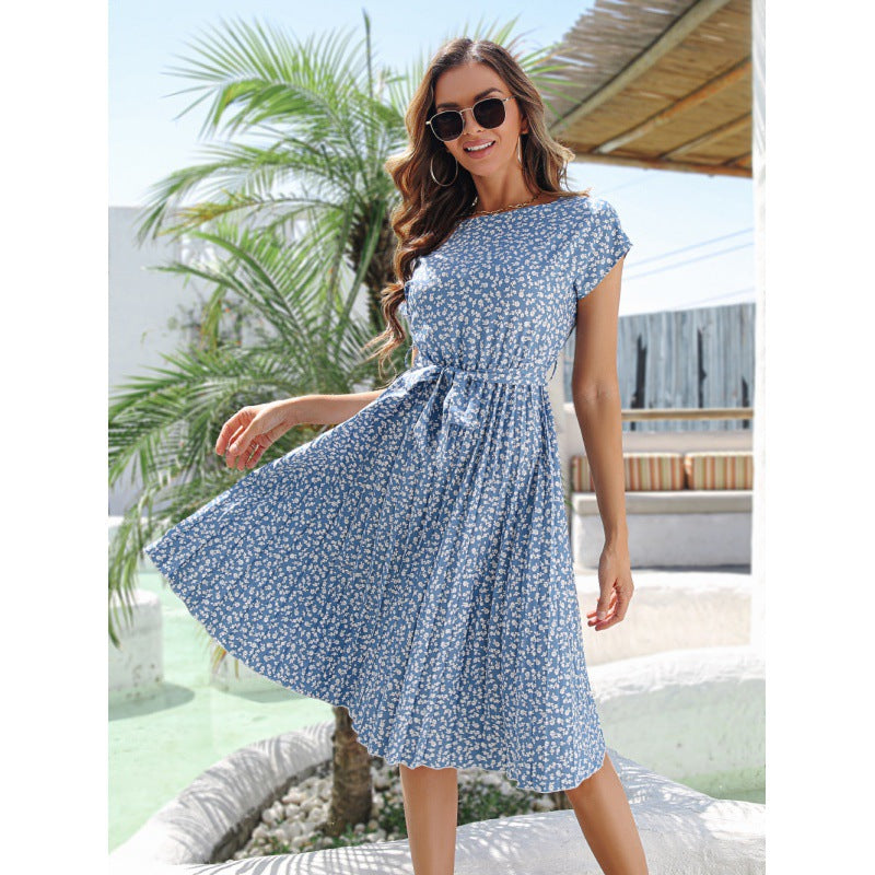 Floral Print Short Sleeve Tie Belt Pleated Midi Dress - View 7