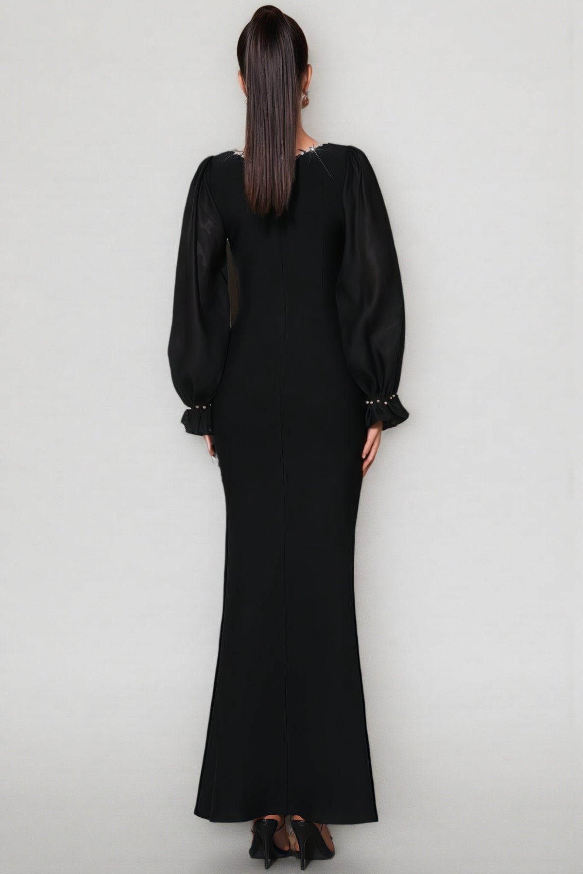 Thariy Black Square Neck Rhinestone Maxi Dress - View 3