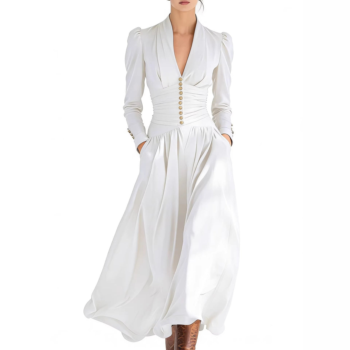 Deep V-Neck Puff Sleeve Ruched Satin Maxi Dress 2