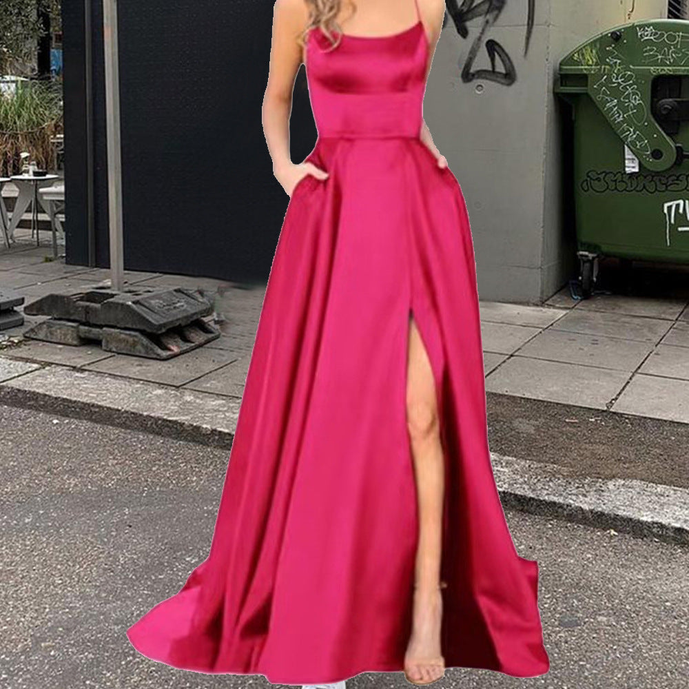 Satin Halter Neck Mermaid High Split Maxi Dress in Red - View 6