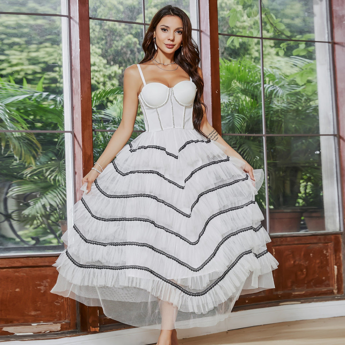 Beaded Corset Tube Top Tiered Organza Maxi Dress