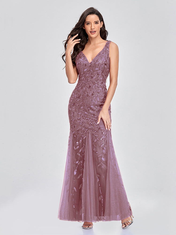 Sequin Embroidered V-Neck Sleeveless Tulle Mermaid Gown - View 7