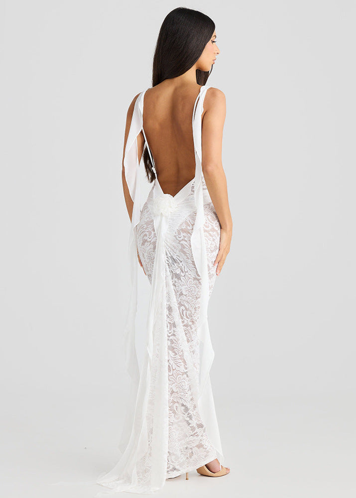 Celestine - Sheer Lace Backless Maxi Dress - View 2