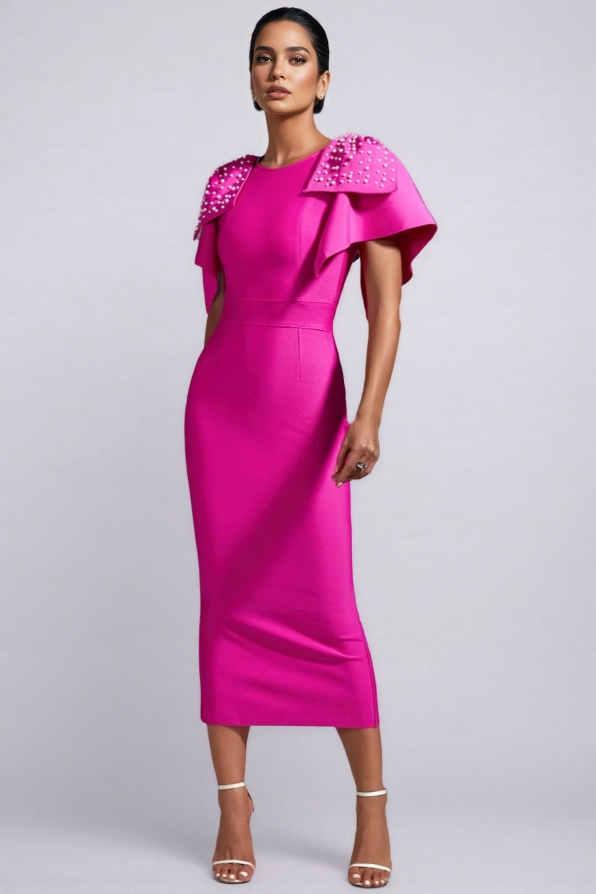Pearl Embellished Ruffle Cape Sleeve Bodycon Midi Dress - View 4