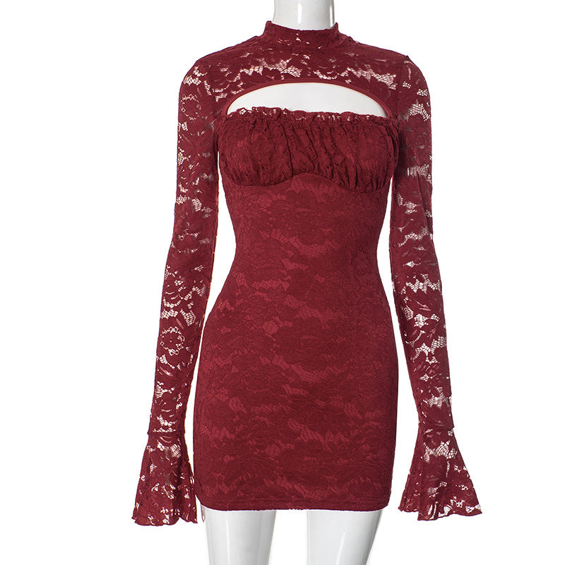 Lace Mock Neck Chest Cut Out Bell Sleeve Bodycon Mini Dress - View 3