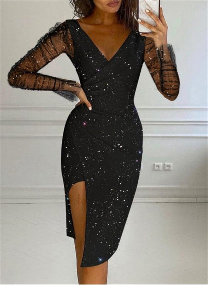 Glitter Star Print Mesh Long Sleeve Deep V-Neck Wrap Cocktail Dress - View 6