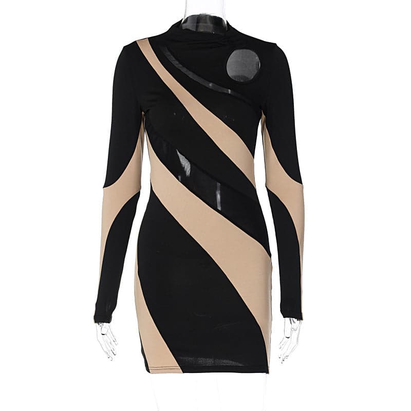 Long sleeve mesh contrast patchwork hollow out mini dress - View 8