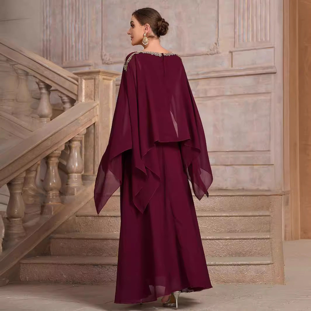 Chiffon Beaded Neckline Sheer Batwing Cape Sleeve Maxi Gown - View 2
