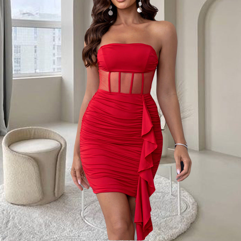 Strapless Mesh Corset Panel Ruched Bodycon Mini Party Dress